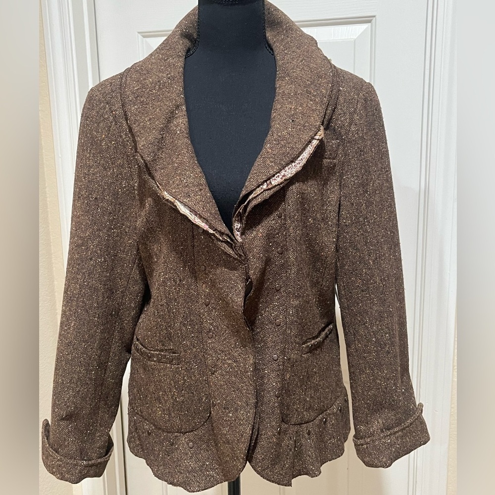 COLDWATER CREEK BROWN TWEED RUFFLED COLLAR PEPLUM,OFFICE SIREN JACKET 16 misses